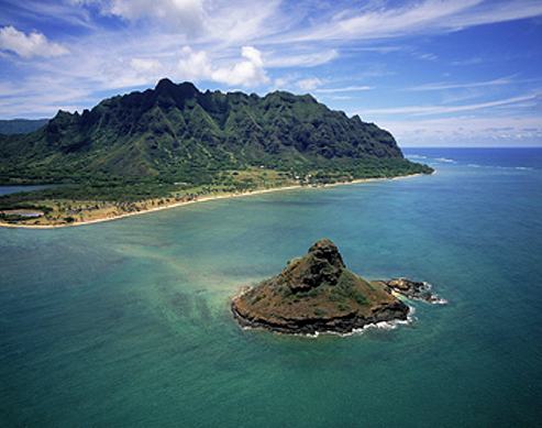 Chinaman Hat - Sacred Falls Alii Helicopter Tour. Copyright Makani Kai Helicopters.